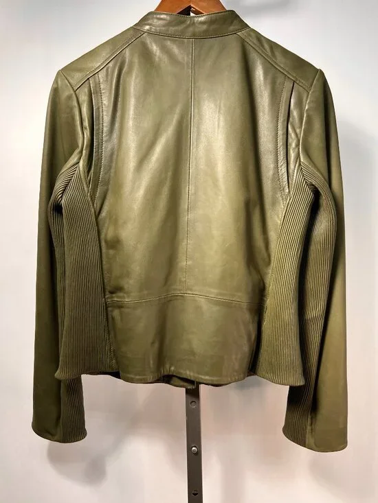 COLE HAAN Band Collar Olive Real Green Lamb Skin Leather Women's  Moto Jacket M - Picture 4 of 11